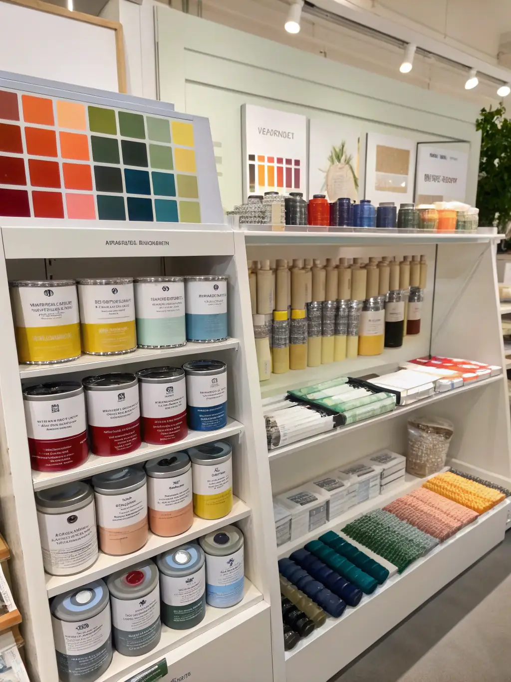 A well-organized paint department with a wide array of colors and brands, showcasing paint cans, brushes, and color swatches, emphasizing the variety available at Weaver's Store in Leola.