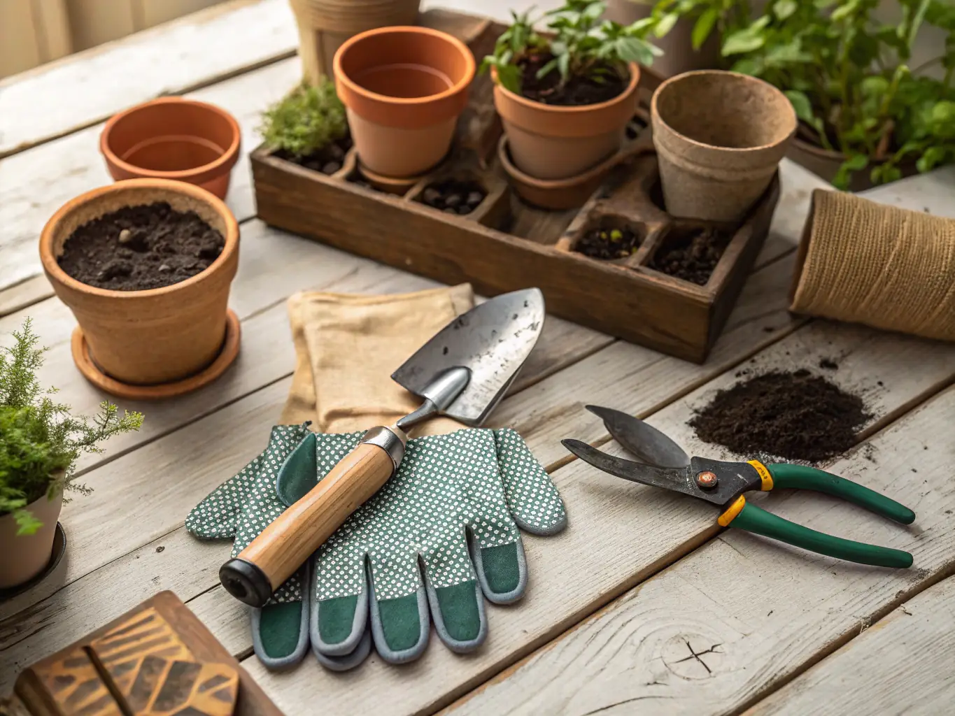 A vibrant image showcasing a variety of gardening hand tools such as shovels, rakes, and trowels neatly arranged on a wooden display shelf in Weaver's Store's Denver lawn and garden section. The lighting is bright and inviting, highlighting the quality and selection of tools available.