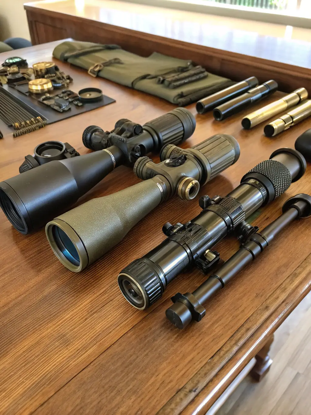 A well-lit photograph displaying hunting optics, including binoculars and scopes from brands like GPO and Leopold, along with other hunting accessories such as camouflage gear and ammunition boxes.