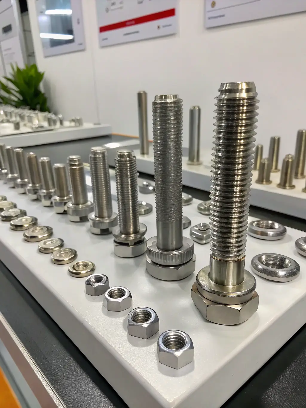 A close-up shot of various Midwest Fasteners, showcasing different sizes and types of screws, bolts, and nuts, arranged neatly in labeled bins at Weaver's Store in Leola.