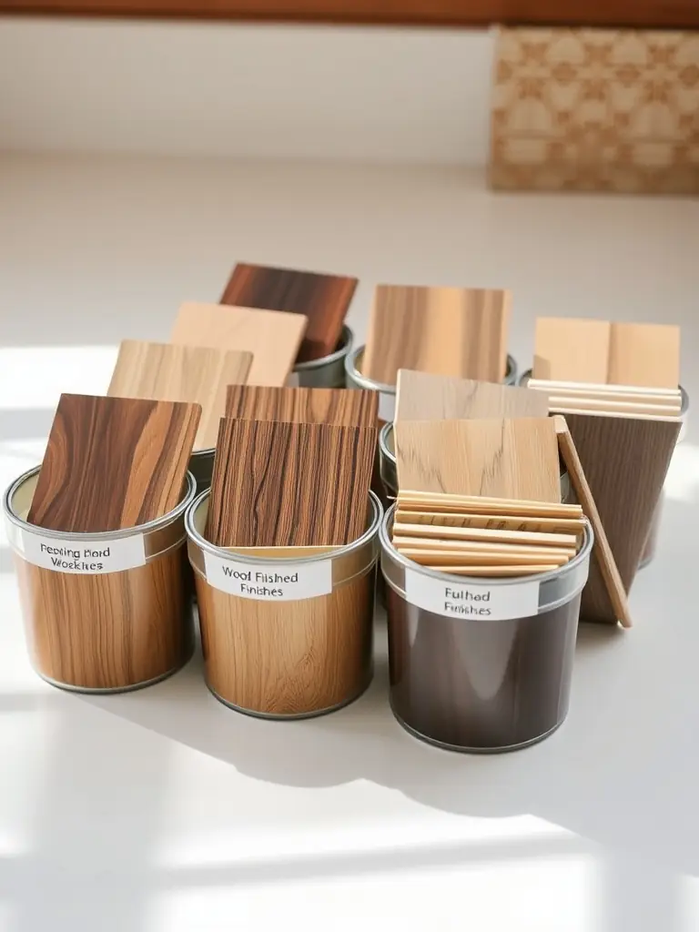 A display of Minwax wood finishing products, including stains and varnishes, showcasing their application on different wood samples at Weaver's Store Leola.