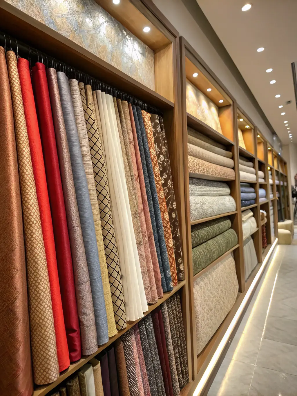A vibrant display of fleece fabrics in the Weaver's Store Spring Mills location, featuring different colors and textures, inviting customers to touch and feel the materials.