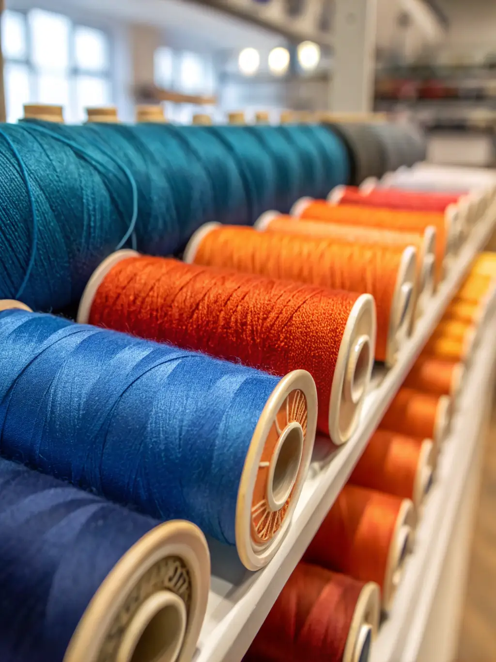A well-organized display of various types of thread, buttons, snaps, zippers, and needles at Weaver's Store in Denver, emphasizing the completeness of sewing notions.