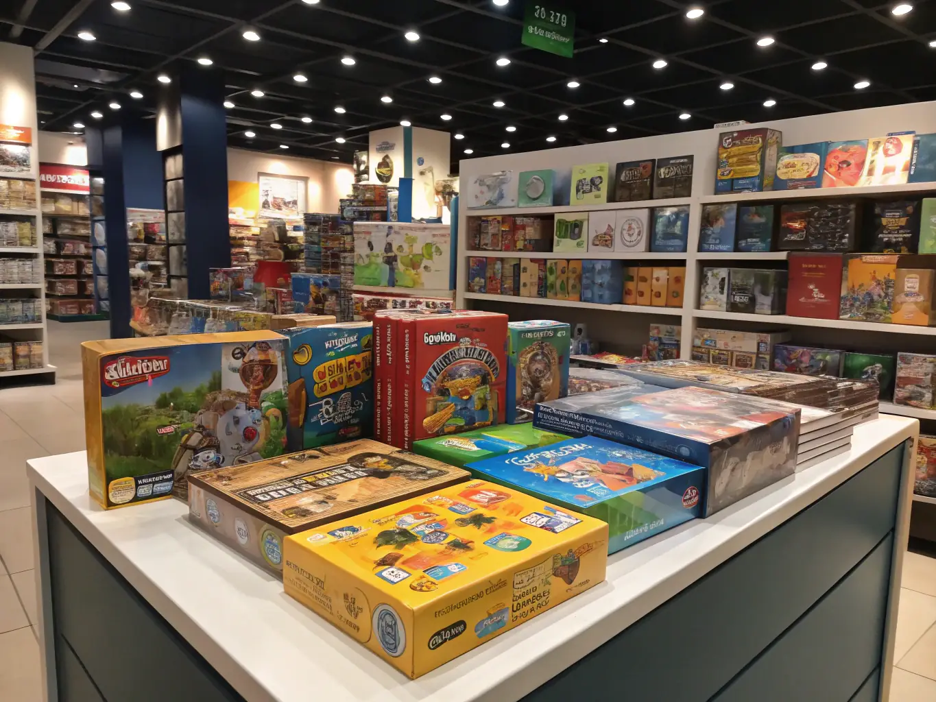 A vibrant display in the toys and games department of Weaver's Store, showcasing a variety of toys, board games, and puzzles for all ages. Children are playing with some of the toys under parental supervision.