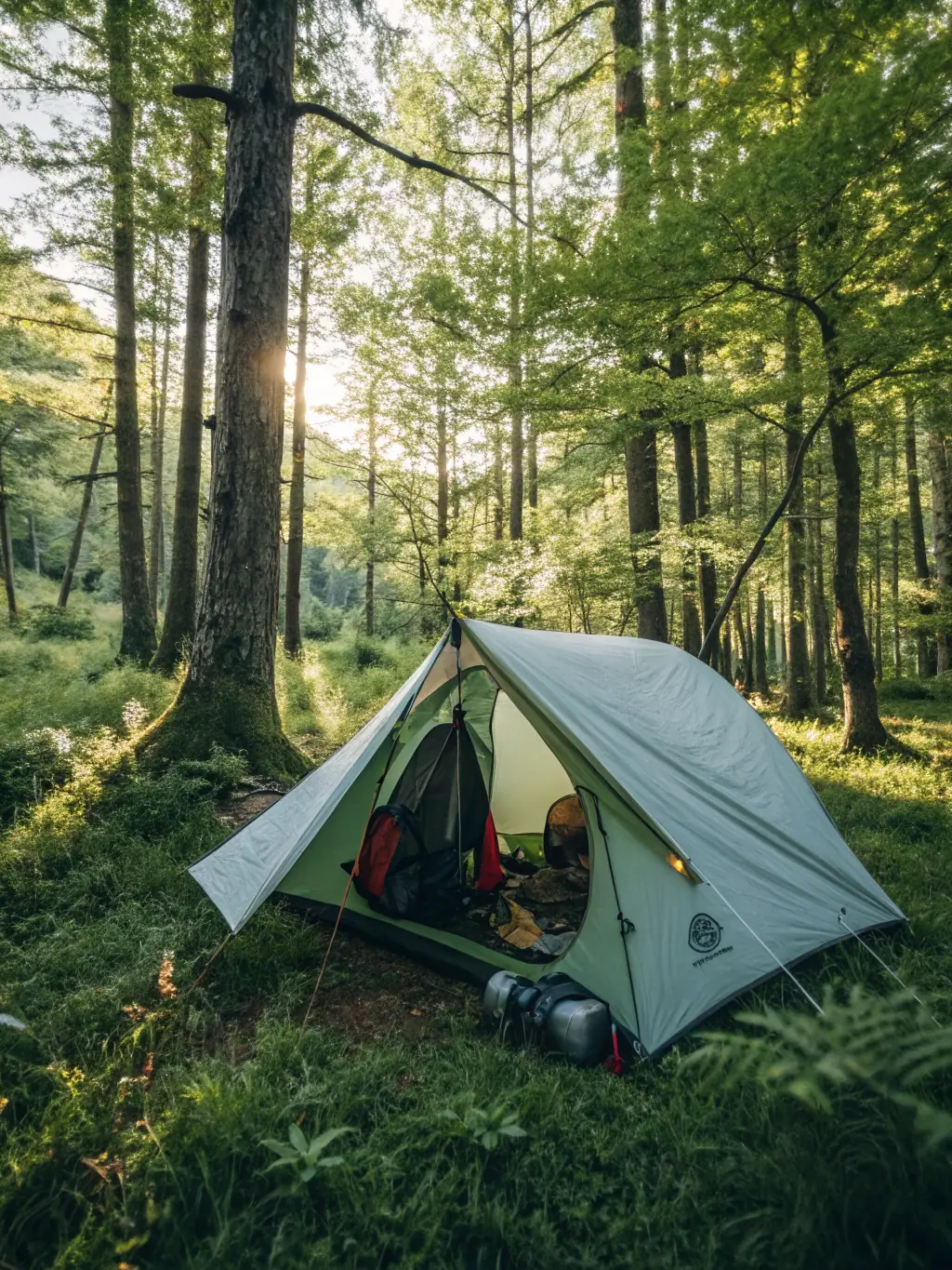 A photograph of a Coleman tent pitched at a campsite, with a Coleman cooler and water jug nearby. The scene should depict a comfortable and well-equipped camping setup.