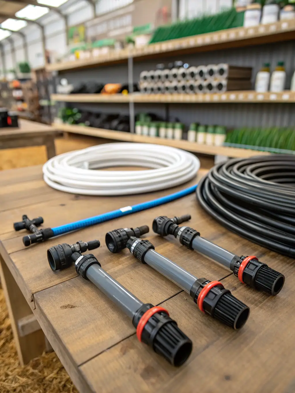 An image showcasing a variety of seed spreaders, garden hoses, nozzles, and sprinklers available at Weaver's Store in Leola, emphasizing watering solutions.