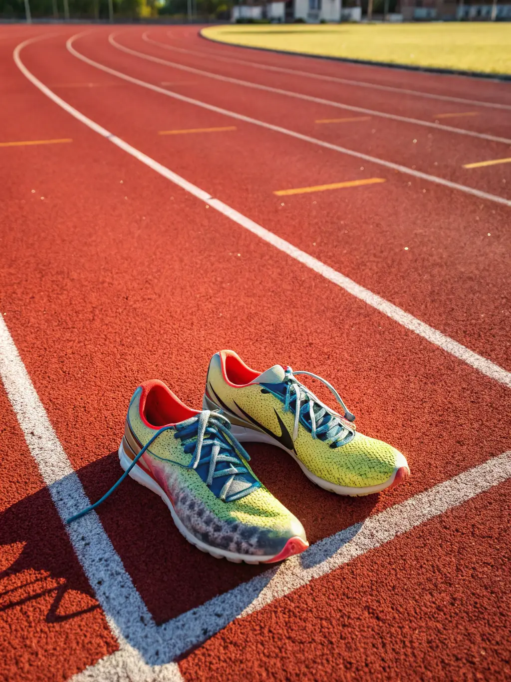 A stylish pair of women's athletic sneakers, highlighting the vibrant colors and comfortable design, displayed on a running track near a Weaver's Store location.