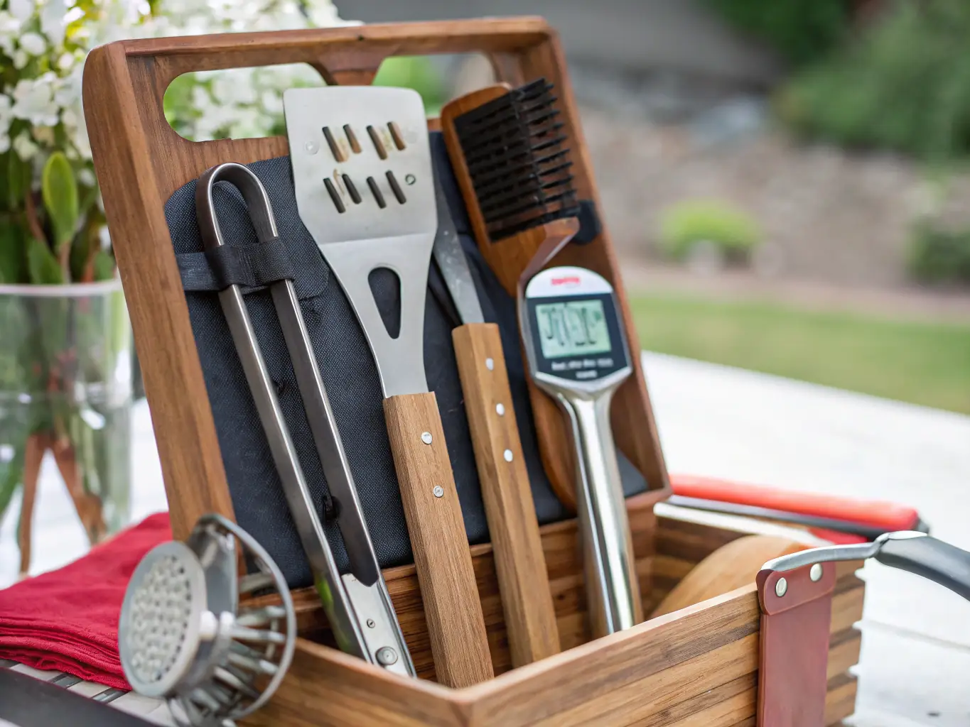 A vibrant image displaying an assortment of grilling accessories, including spatulas, tongs, brushes, and seasoning rubs, all neatly arranged on a display shelf at Weaver's Store in Spring Mills.
