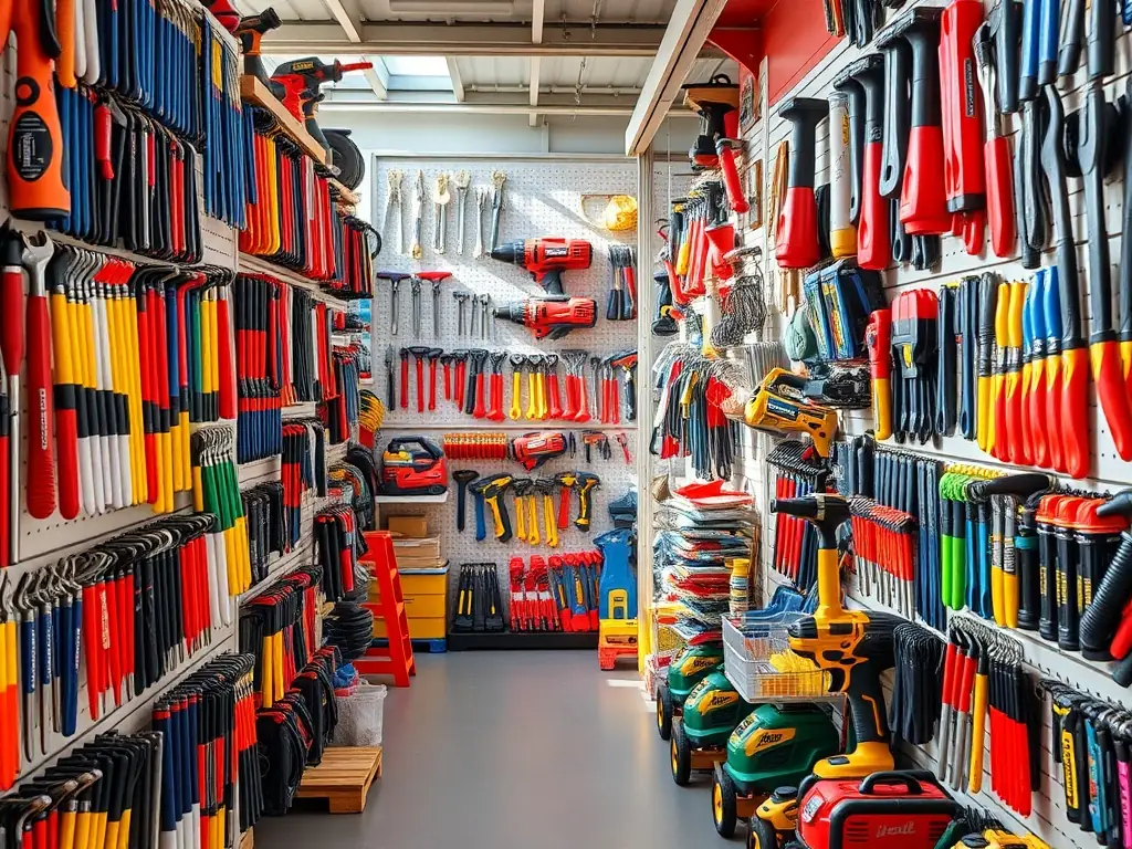 A well-organized display in the hardware department of Weaver's Store, featuring tools, equipment, and supplies for home improvement projects. A staff member is assisting a customer with selecting the right tool.