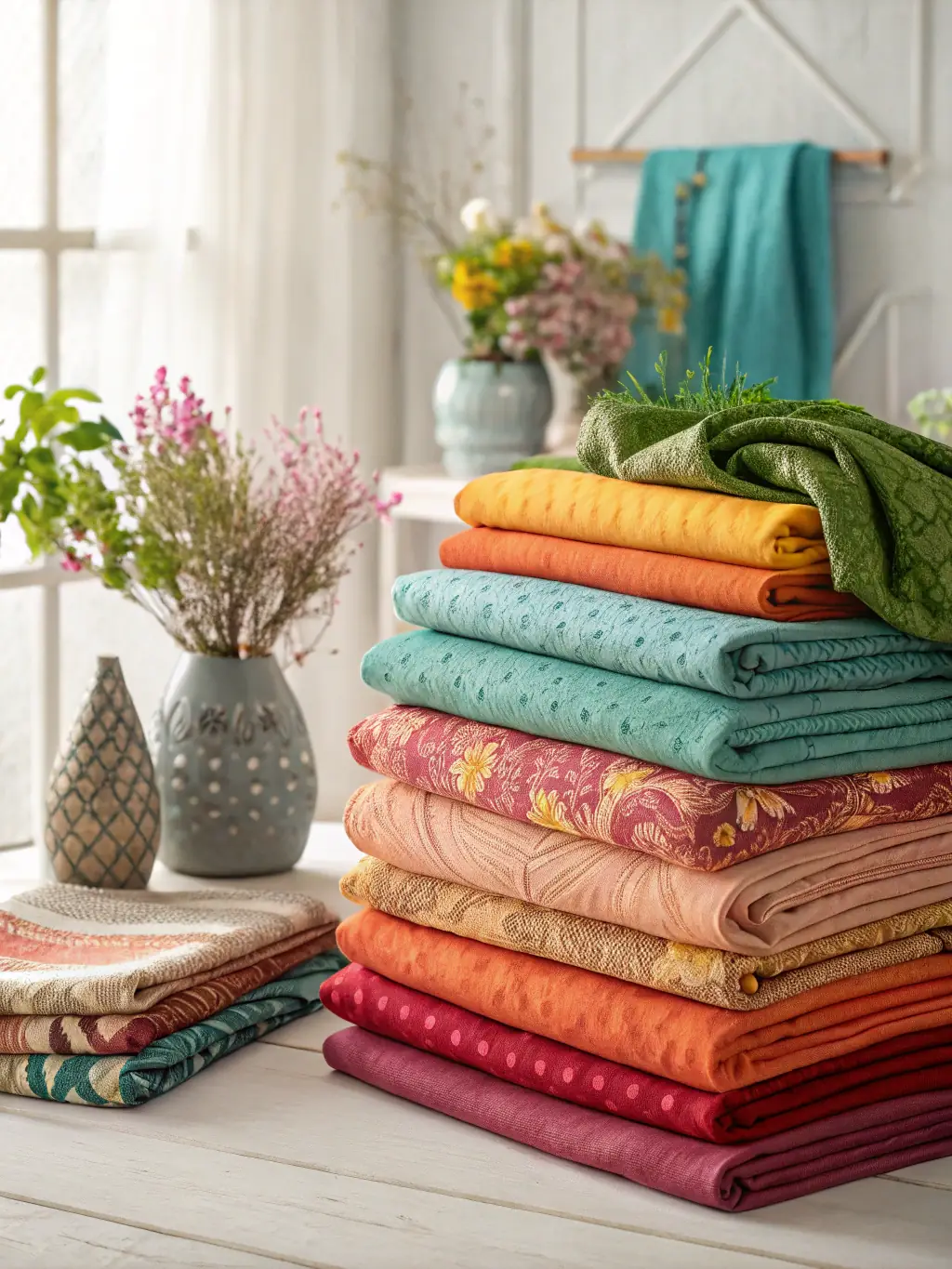 A close-up shot of a vibrant display of quilting fabrics at Weaver's Store in Denver, showcasing a variety of colors and patterns, with a focus on 100% cotton quilting fabric.
