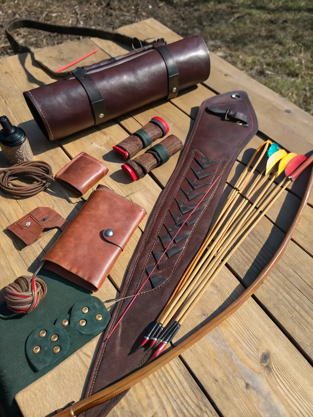 A detailed image of archery equipment, featuring a compound bow, arrows with colorful fletchings, a target in the background, and various archery accessories laid out on a wooden table.
