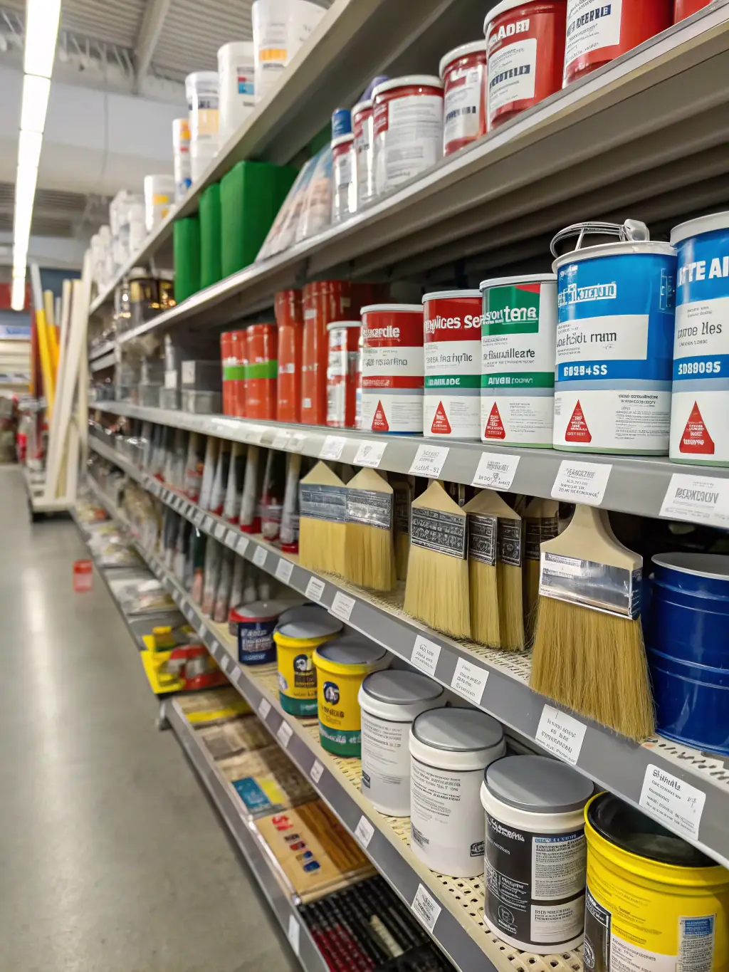 A well-organized paint section in Weaver's Store, Spring Mills, featuring Valspar paint cans, Rust-Oleum spray paints, and various paint brushes from Purdy and Linzer, showcasing the wide selection available to customers.