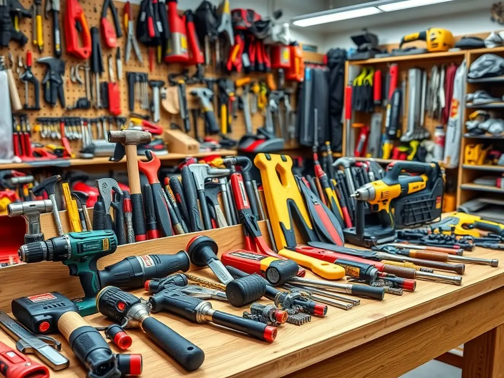 A selection of power tools and hand tools at Weaver's Store in Denver, featuring brands like DeWalt, Stanley, and Channellock, highlighting the quality and variety of tools available for various tasks.