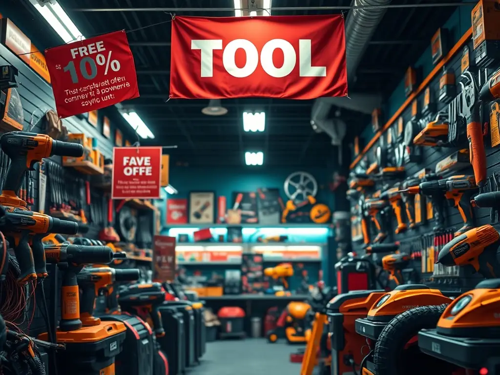 A vibrant image showcasing a range of DeWalt power tools, including drills, saws, and sanders, displayed on a dedicated power tool section in the Leola store.