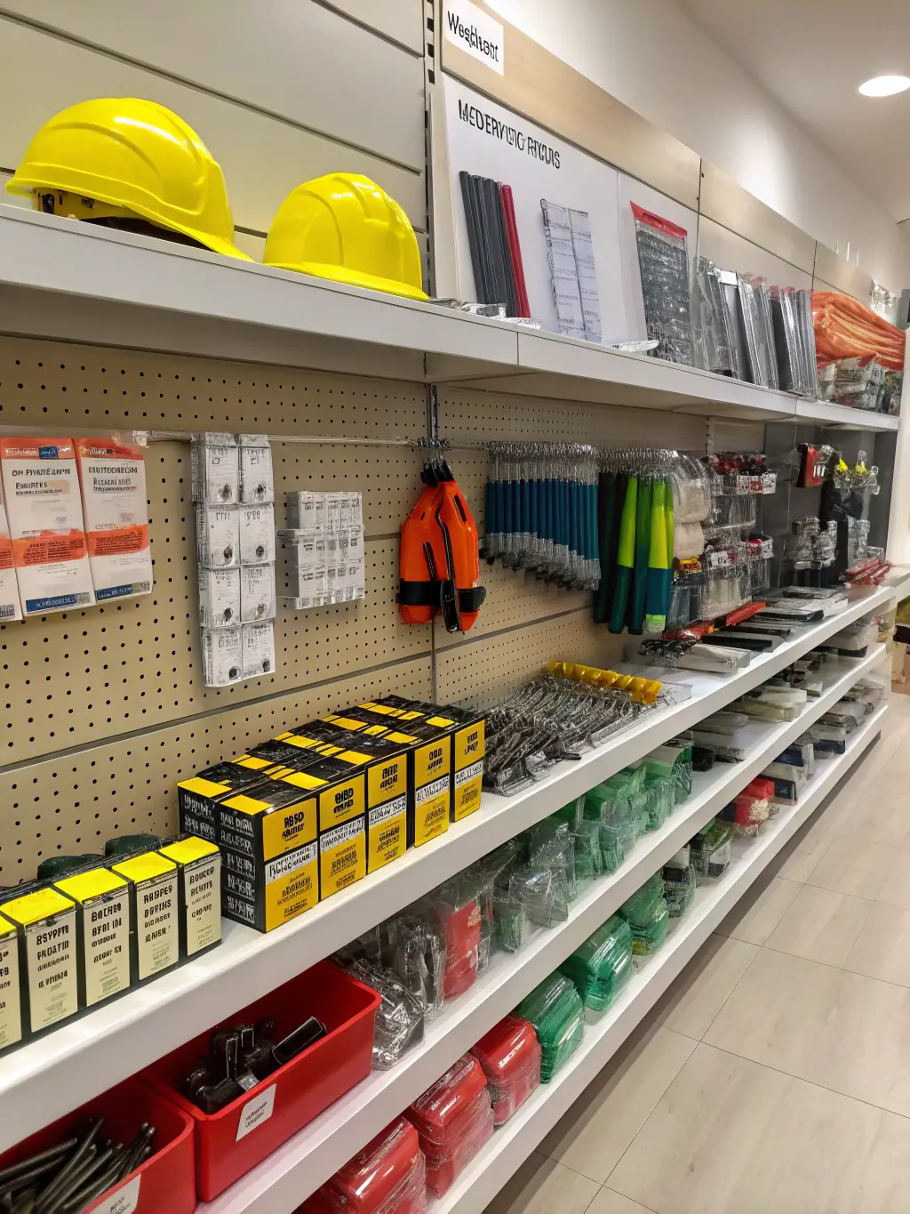 A display featuring various types of rope, cable, and chain, along with padlocks and doorknobs, arranged on shelves at Weaver's Store in Leola.