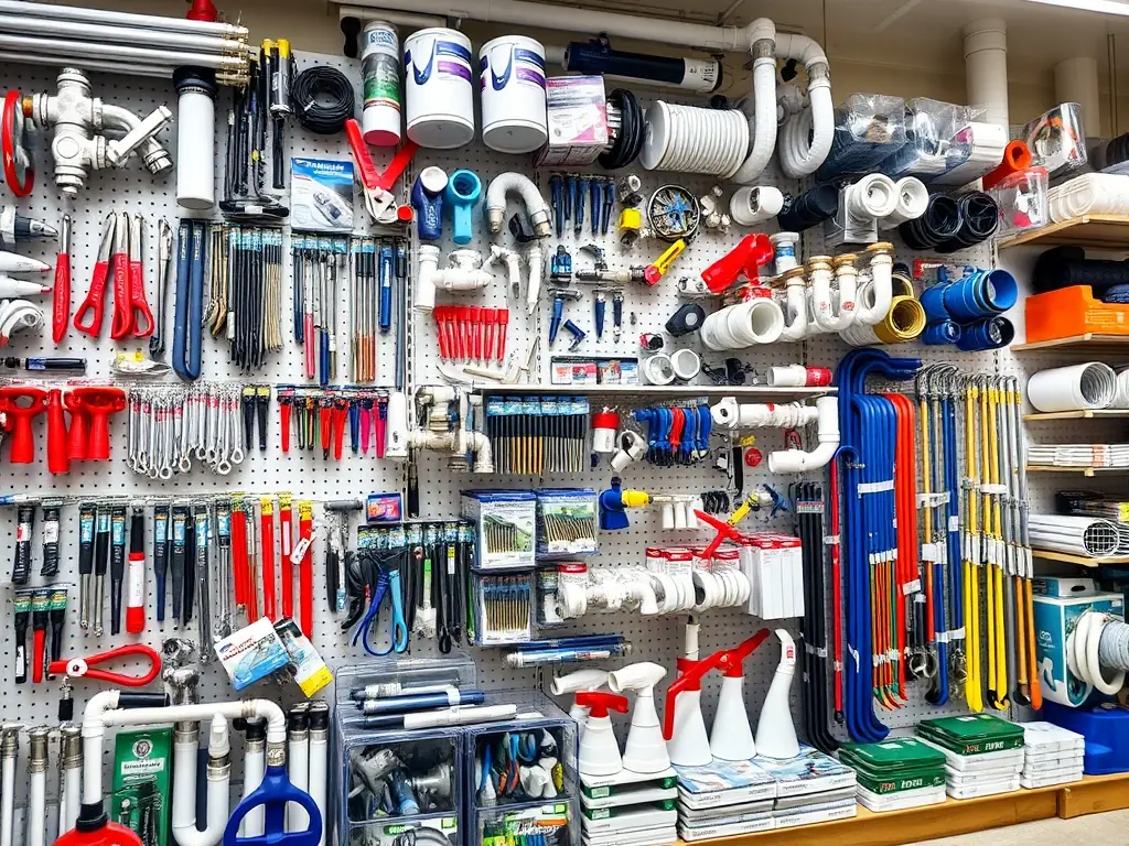 A display of plumbing supplies in a hardware store, including pipes, fittings, valves, and tools, neatly arranged on shelves and racks.