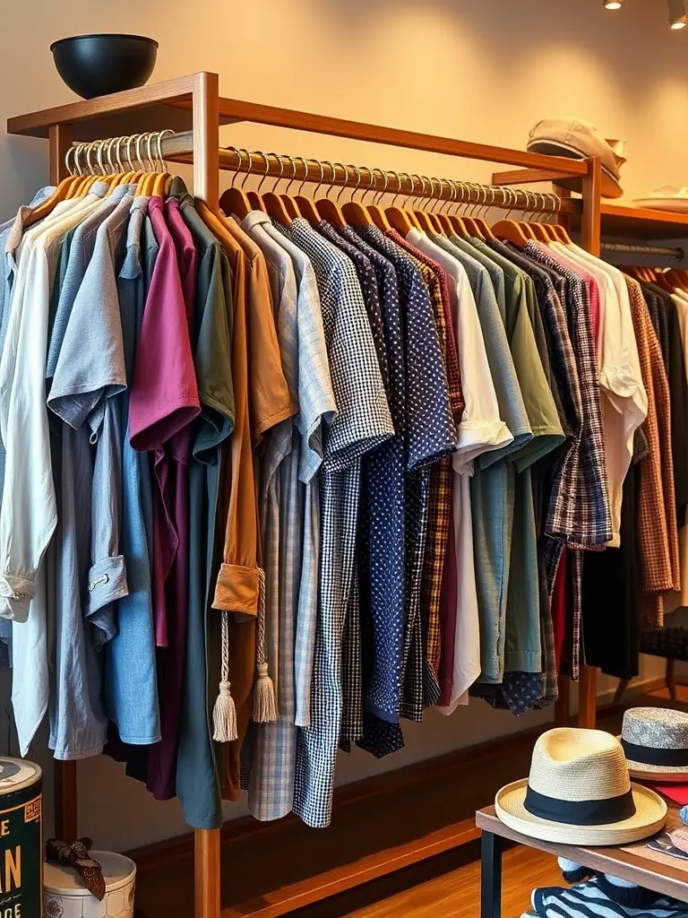 A well-organized section of women's clothing at Weaver's Store, showcasing a variety of shirts, sweaters, and jean skirts.