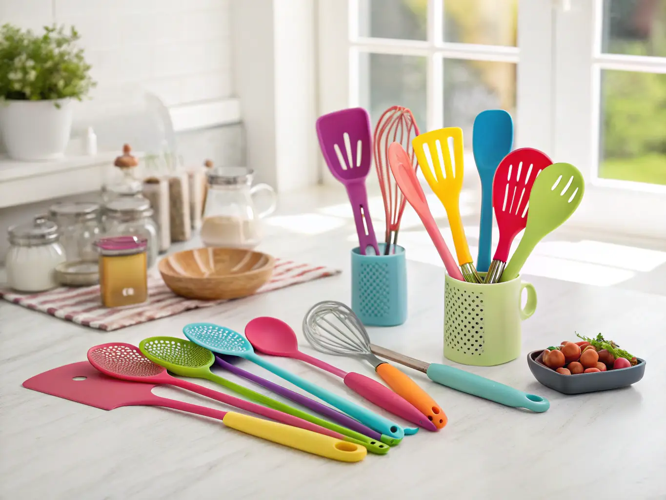 A display of colorful and practical kitchen utensils, including spatulas, whisks, and measuring cups, neatly arranged in a utensil holder, highlighting the variety of kitchen tools available at Weaver's Store in Spring Mills.