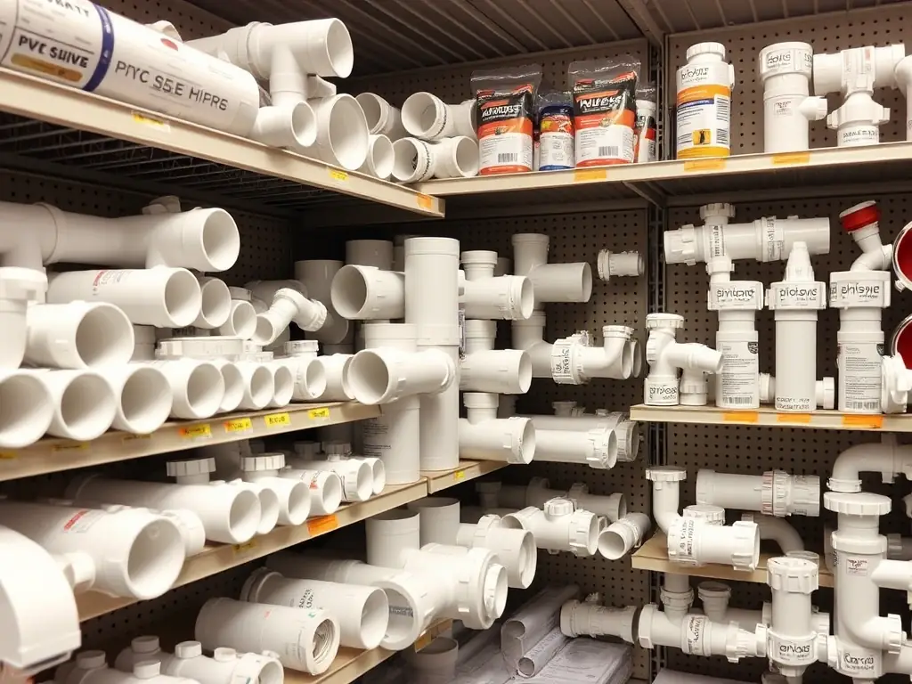 A display of plumbing supplies at Weaver's Store in Denver, including pipes, fittings, and tools, illustrating the comprehensive range of plumbing solutions available for customers.