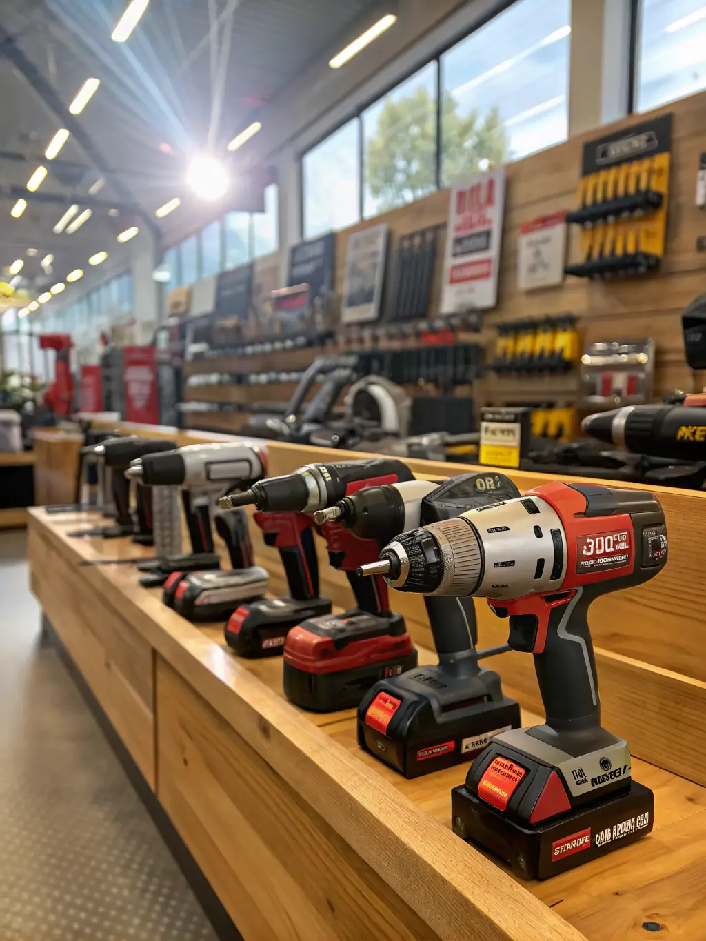 A display of DeWalt power tools and hand tools from Stanley, Irwin, and Channellock at Weaver's Store in Spring Mills, highlighting the quality and variety of tools available for different projects.