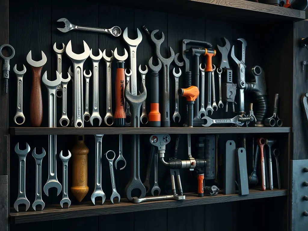 A selection of power tools and hand tools in a hardware store, including drills, saws, hammers, screwdrivers, and wrenches, displayed on a pegboard and shelves.