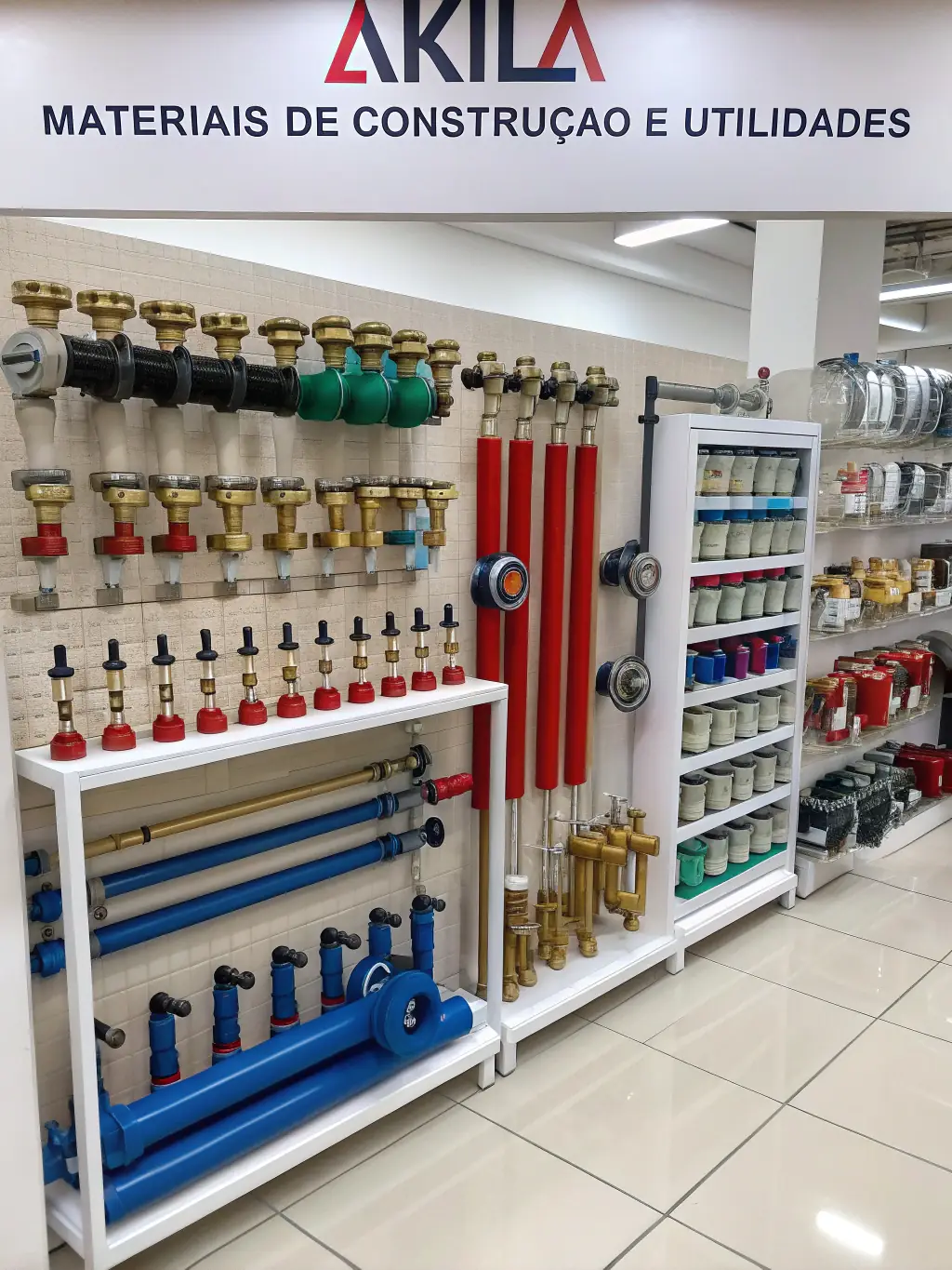 A display of plumbing supplies at Weaver's Store in Spring Mills, including plumb packs, schedule 40 pipes, and fittings, illustrating the comprehensive range of plumbing products available.